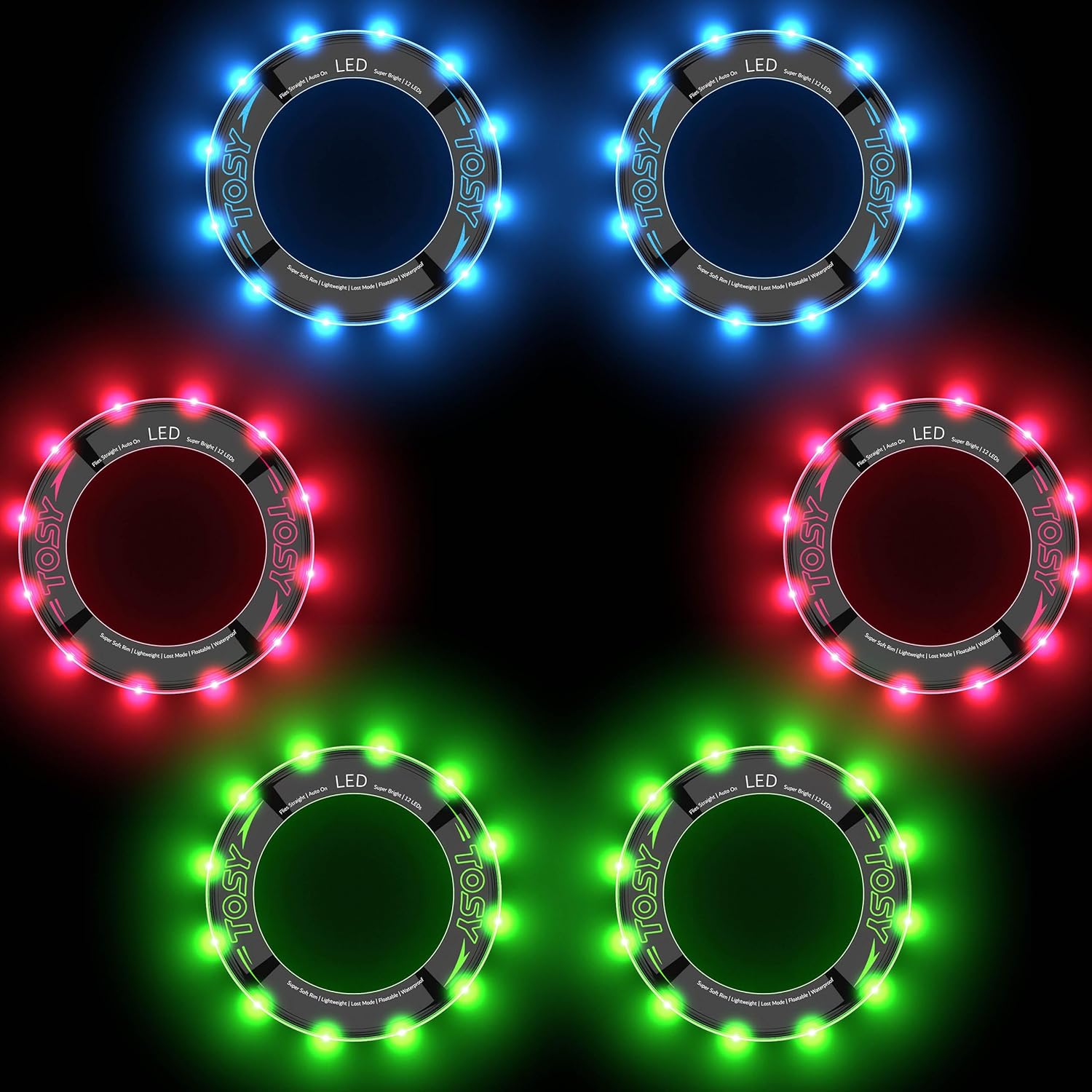 TOSY Flying Ring Bundle - 6-Pack with 2 Blue, 2 Green, & 2 Red | Super Bright 12 LEDs