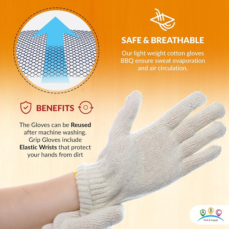 10 Inch Large Beige PolyCotton Work Gloves - Pack of 12, Elastic Wrist, Yellow Edge Line