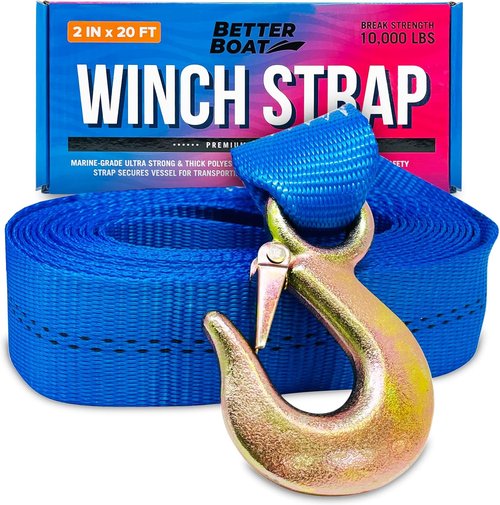 Boat Trailer Winch Strap - Heavy Duty 2 Inch x 20 Feet, 10,000 Lbs Capacity with Hook