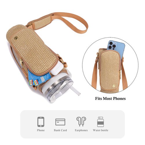 NEICOA Straw Water Bottle Holder with Strap for Stanley Cup 40/30 oz Summer Crossbody Bags Water Bottle Carrier Sling Woven Beach Purse with Phone Pocket Travel(Khaki 30oz)
