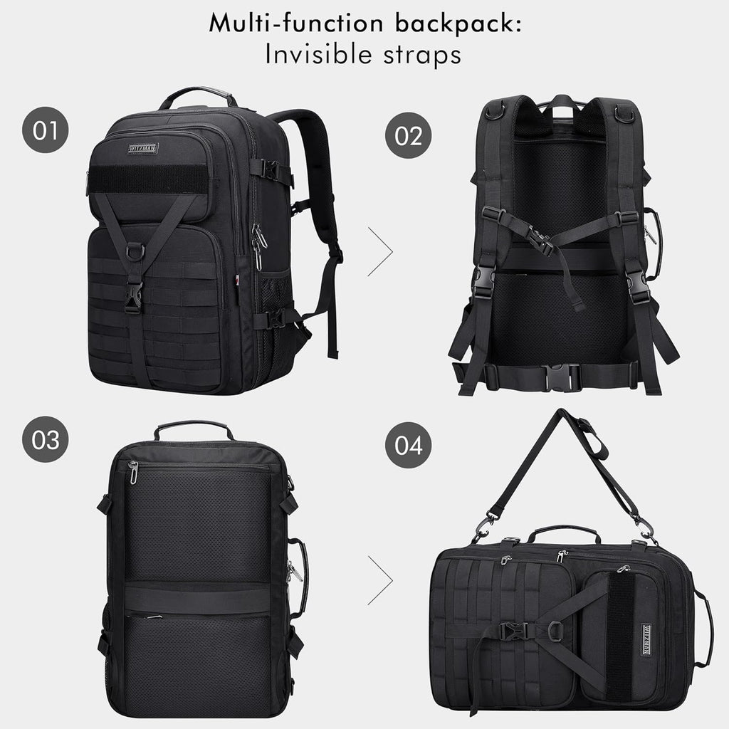 WITZMAN 45L Convertible Travel Backpack for Men - Airline Approved | Fits 17-Inch Laptop - Black
