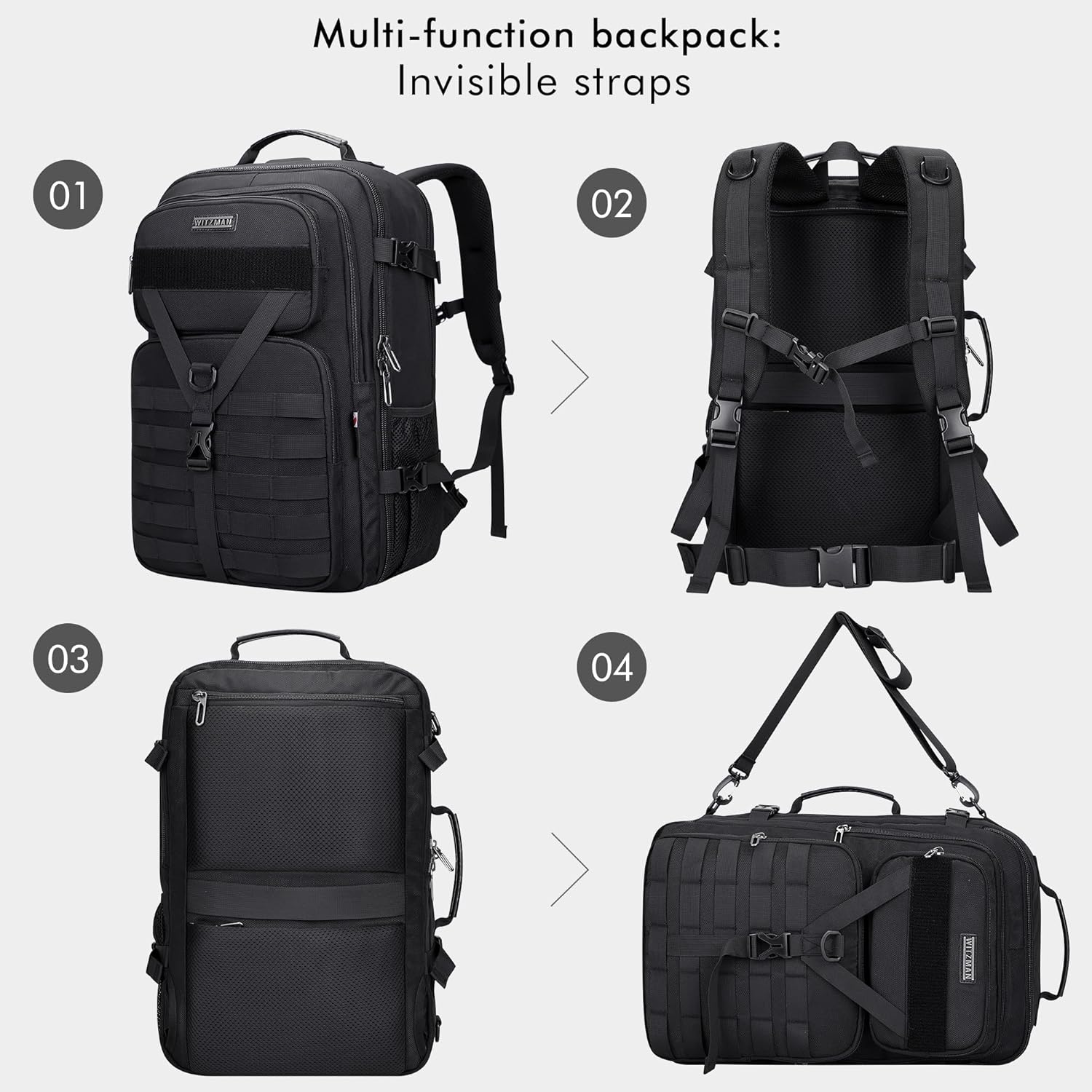 WITZMAN 45L Convertible Travel Backpack for Men - Airline Approved | Fits 17-Inch Laptop - Black
