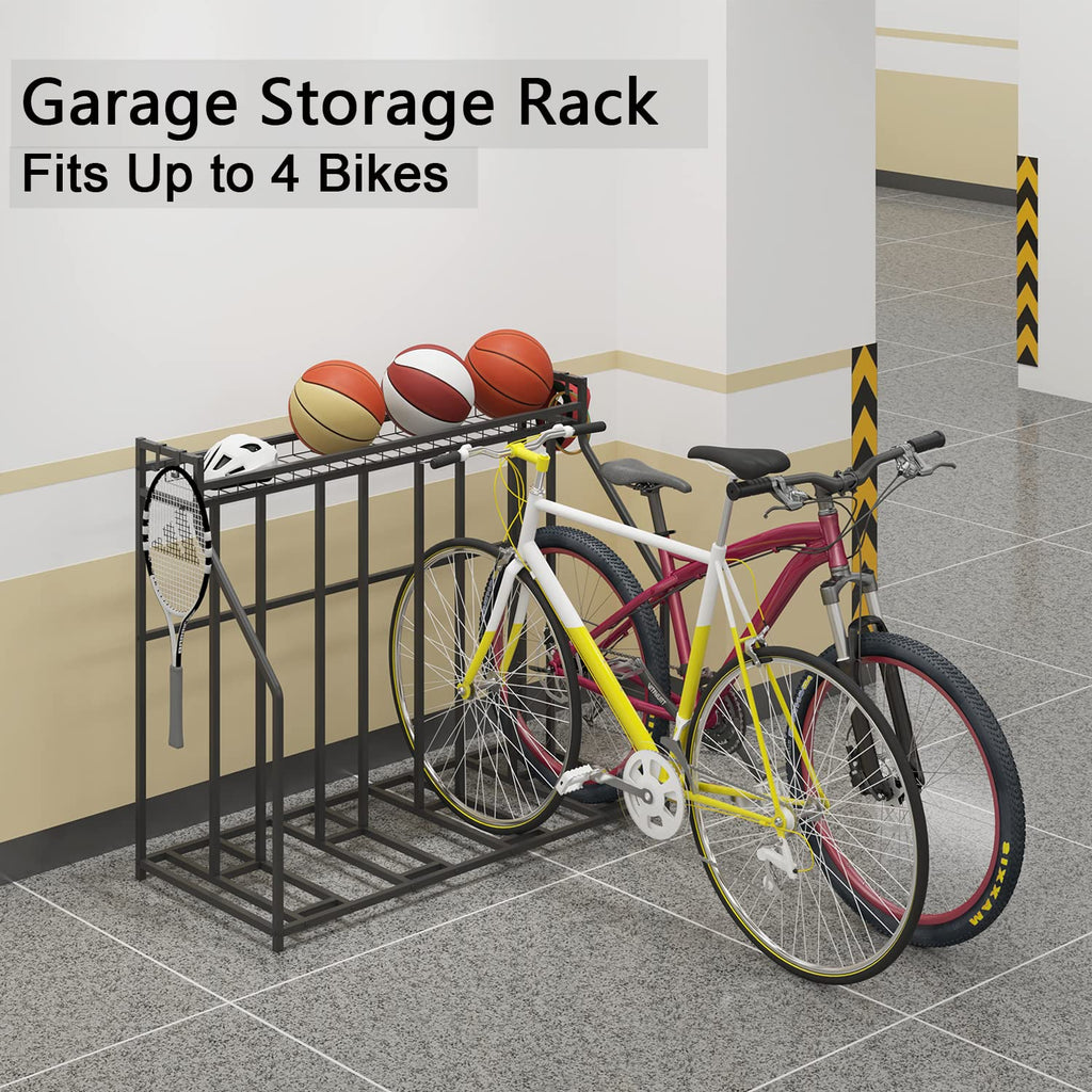 YiLifebes Stand Bike Racks for Garage, 4 Bike Stand Rack with Storage Basket, Metal Floor Bike Parking, Garage Organizer Suitable for Mountain, Hybrid, Adult and Kids Bikes