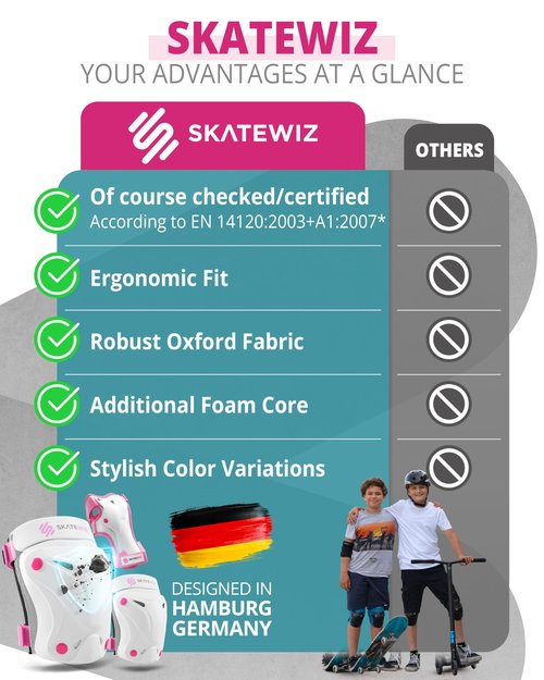 SKATEWIZ Knee and Elbow Pads Adult - Skating Protective Gear - PROTECT-1 - Size L Pink White - Wrist Guards Skating Pads, Skateboard, Roller Skate, Ice Skates For Women