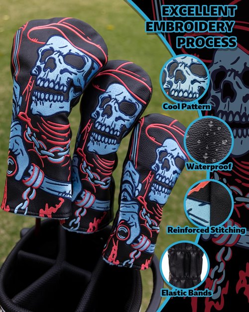 Golf Club Head Covers,1pc Skull Skeleton Hybrid Golf Headcovers for Woods, PU Leather with Advanced Embroidery for Most Brands-Black