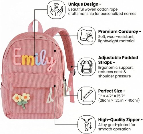 MBBEST Personalized Corduroy Backpack - Custom Embroidered Name Daypack for Kids | Perfect Birthday & Christmas Gift