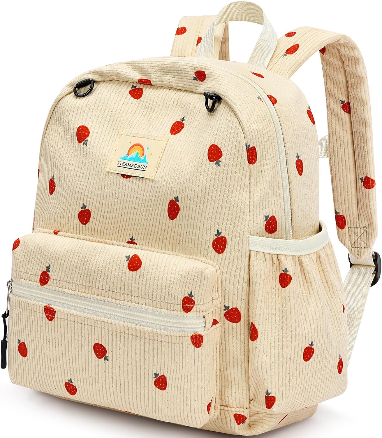 STEAMEDBUN Corduroy Toddler Backpack - Adorable Strawberry Design for Kids Ages 2-4 | 12-Inch Preschool Size