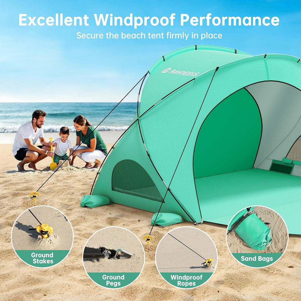 Raynesys Beach Tent - Portable Sun Shelter for 1-3 People | Green Shade with 2 Zippered Doors