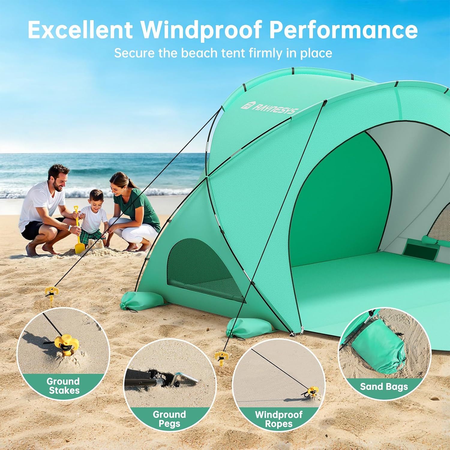 Raynesys Beach Tent - Portable Sun Shelter for 1-3 People | Green Shade with 2 Zippered Doors