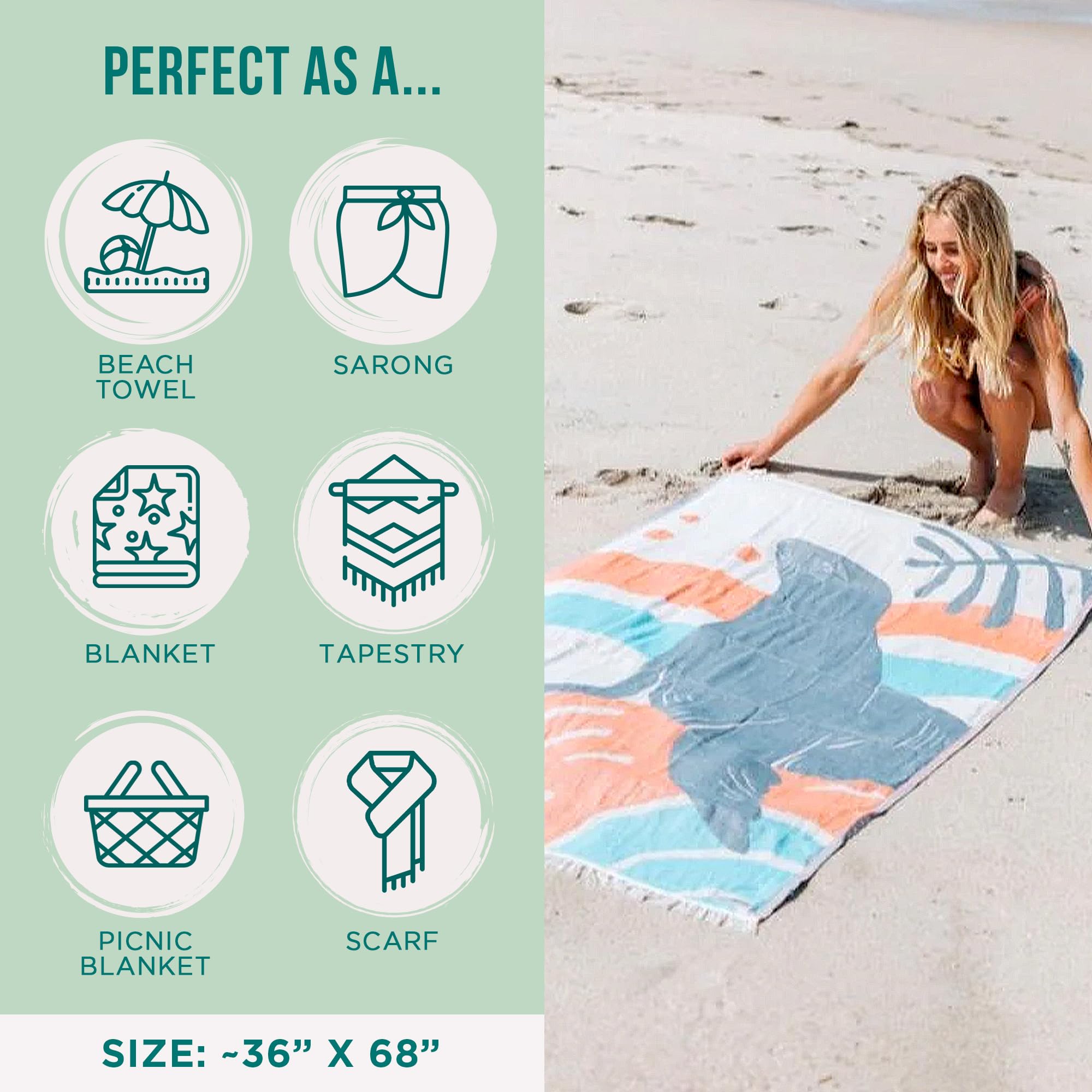 Sand Cloud Turkish Beach Towel - Sand Resistant - 100% Organic Turkish Cotton Yarn - Quick Dry Towel for Beach, Picnic, Blanket or Bath - As Seen on Shark Tank - Marine Life (Flynn Sea Lion)