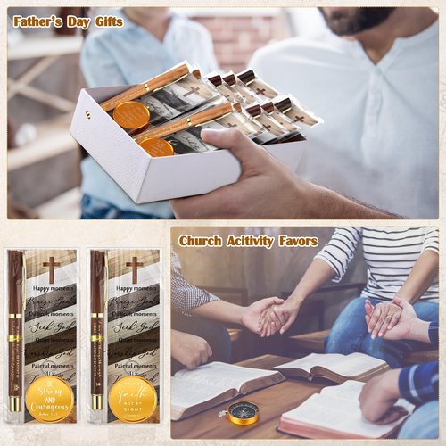 Spakon 50 Sets Christian Gifts for Men Religious Baptism Church Inspirational Bible Verse Engraved Compass Bamboo Pen Bookmark Christmas Christian Gifts for Pastor Father Sunday School (Natural)
