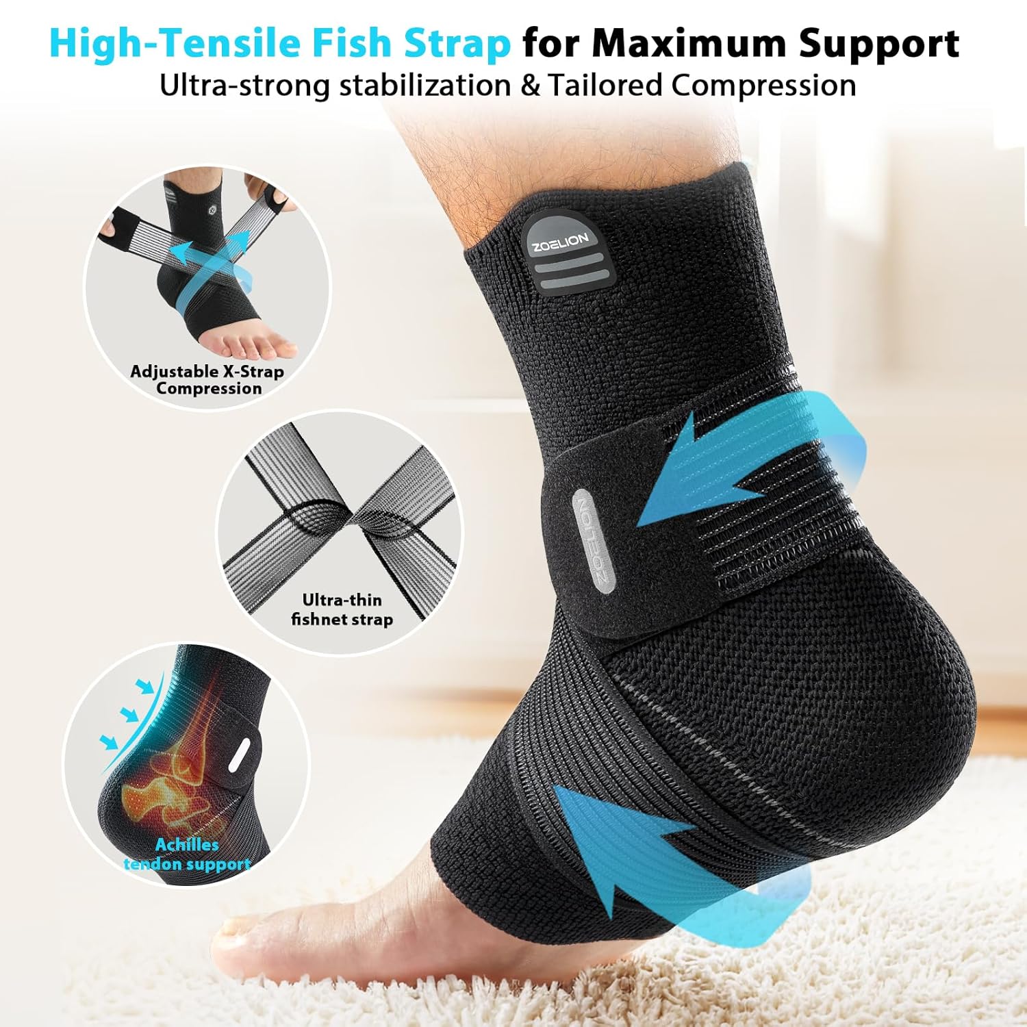 Skiennix Ankle Brace - Compression Support for Plantar Fasciitis Relief | Removable Fishnet Strap, Black 3XL