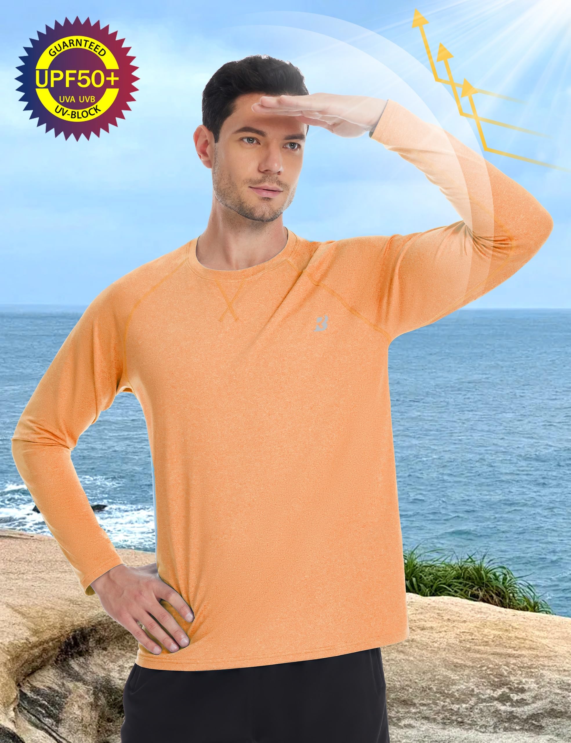 Roadbox UPF 50+ Sun Shirts for Men, UV Protection Long Sleeve Swim Shirt, Quick Dry Rash Guard for Fishing Hiking Running Orange