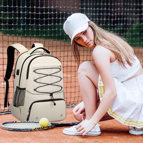 Bevalsa Pickleball Bag Backpack for Women Men Teens, Tennis Backpack Tennis Bag with Shoe Compartment, Multifunctional Sports Padel Racket Bag Badminton Backpack Fits 4 Rackets with Fence Hook (Beige)