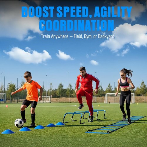 Agility Ladder Set - 20ft Speed Ladder with 4 Hurdles, Parachute, 12 Cones & Jump Rope | Enhance Agility & Speed for Kids and Adults