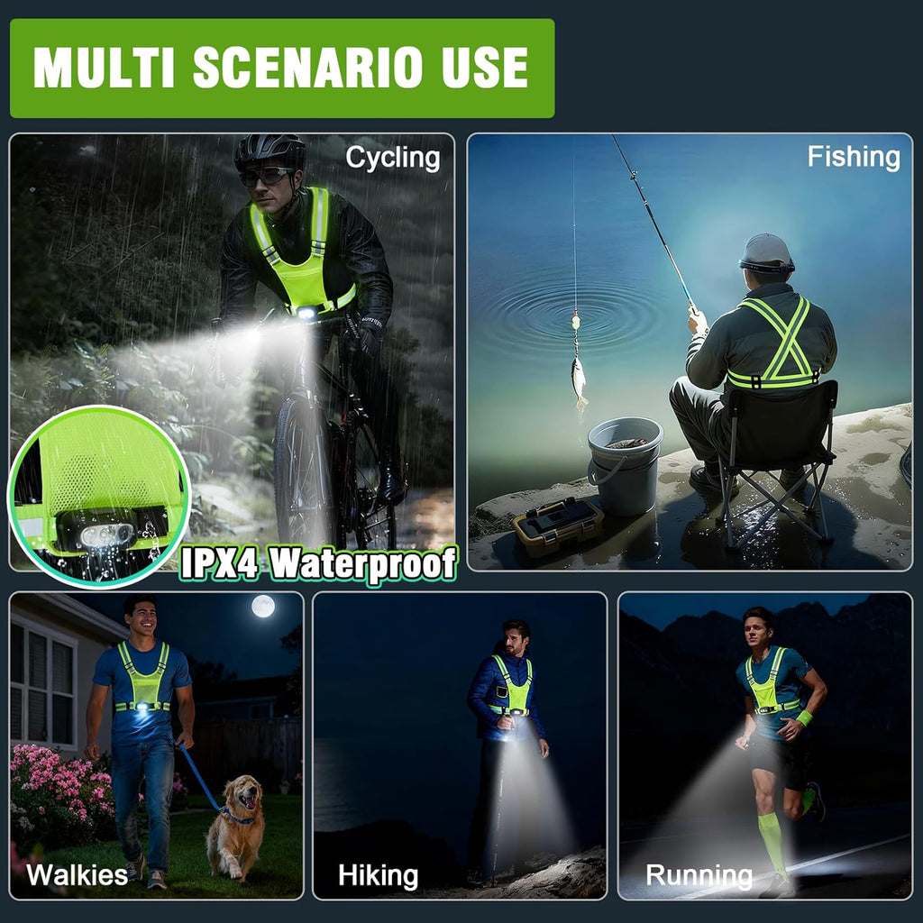 Skiennix Reflective Running Vest - 3-Mode Motion Sensor Lights & Adjustable Tilt | 360° Visibility, Green