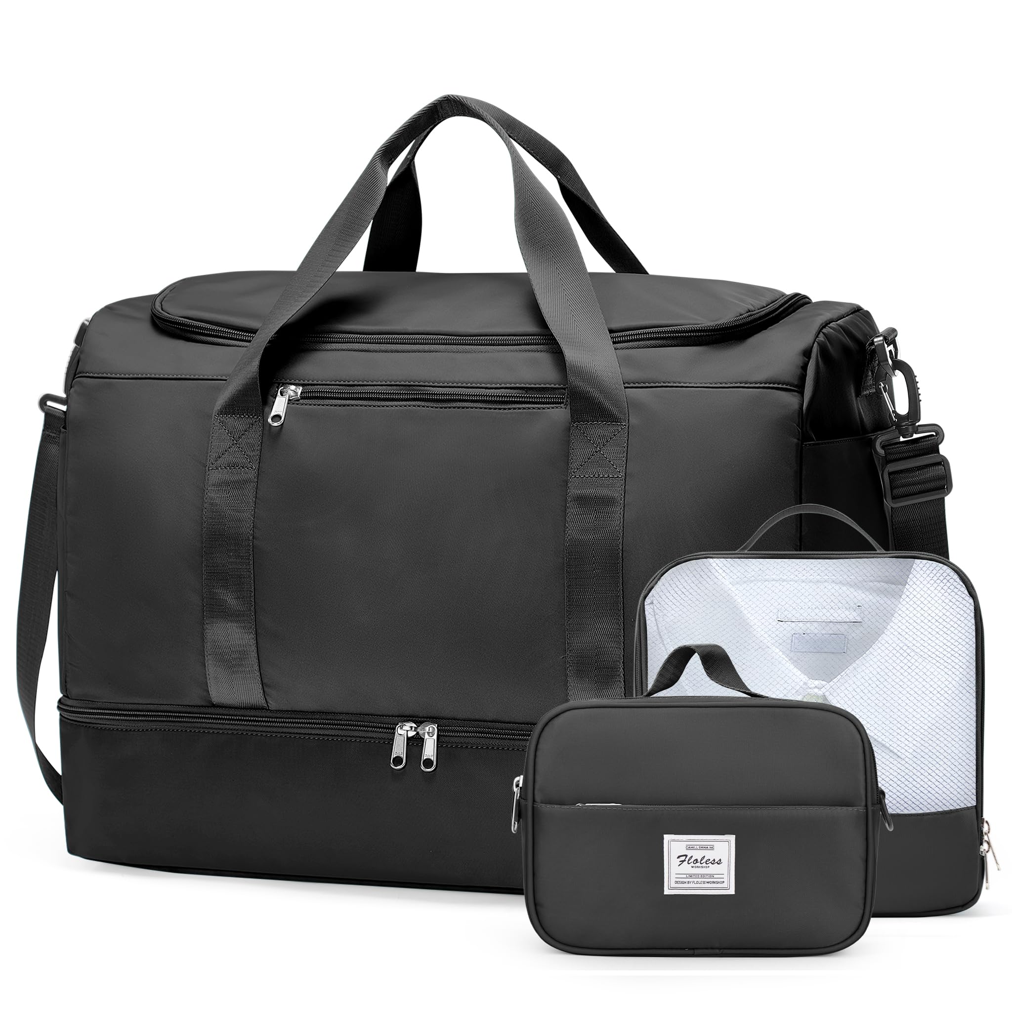 Extra Large Travel Duffle Bag,Carry on Overnight Weekend Bag with Shoes Compartment,Weekender Bags for Women for Travel Business Trips Sport Hospital,3 Pcs Set,Black