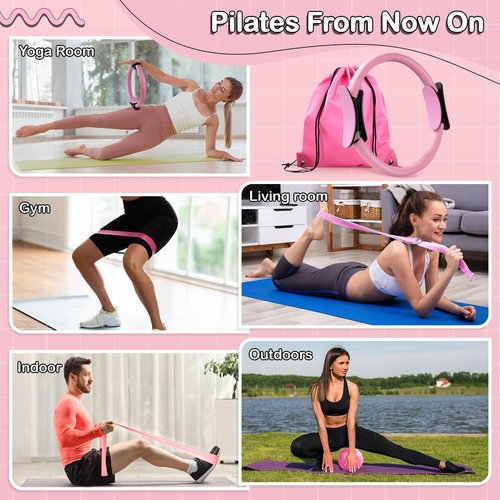 Kaelaris Pilates Kit 14PCS for Women,Home Workout Essentials Kit with Pilates Circle,9 Inch Yoga Ball, Figure 8 Resistance Band, Pilates Sock & Accessories for Beginners, Core Strength,Pink