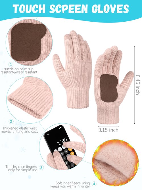 Winter Hat Scarf Gloves Set,Fleece Lined Pom Pom Beanie Hat Warm Knit Long Scarf Touchscreen Gloves Winter Gifts for Women Pink