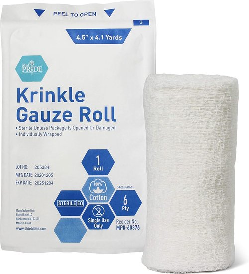 Med Pride Sterile Krinkle Gauze Rolls - Highly Absorbent 6-Ply Cotton Wound Dressing | 4.5'' x 4.1 Yards (6 Rolls)