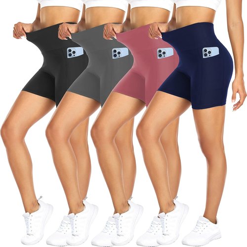 FULLSOFT Biker Shorts for Women - High Waisted Tummy Control with Pockets | 4 Pack, Ideal for Yoga & Gym