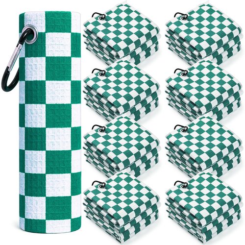 SmoothNovelty 12 Pcs Golf Towels Bulk for Bags Microfiber Waffle Pattern Golf Towel with Clip 16'' x 16'', Ultra Absorbent Quick-Dry, Mini Tournament Yoga Fitness Men's Gifts(Emerald Green)