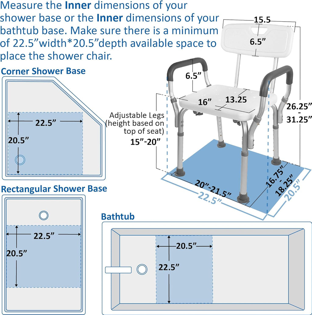 Vaunn Medical Deluxe Spa Shower Chair - Comfortable Bath Seat for Seniors | 350 lbs Capacity, White & Gray