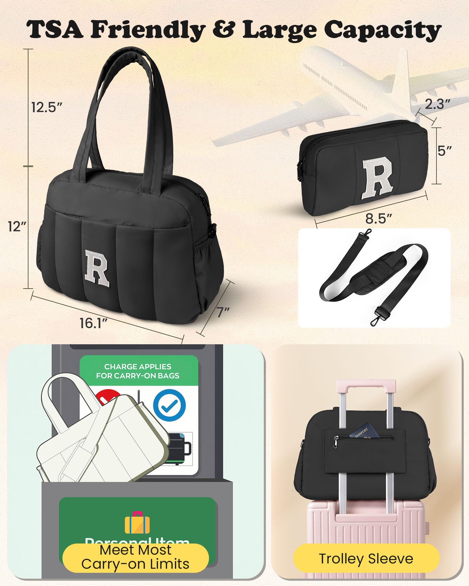 Vogewood Women Duffle Bag with Initial, Gifts for Women Unique-Personal Item Travel Bags，Gym Bag with Wet Pocket，Lightweight Travel Bags Personalized Tote with Makeup Pouch