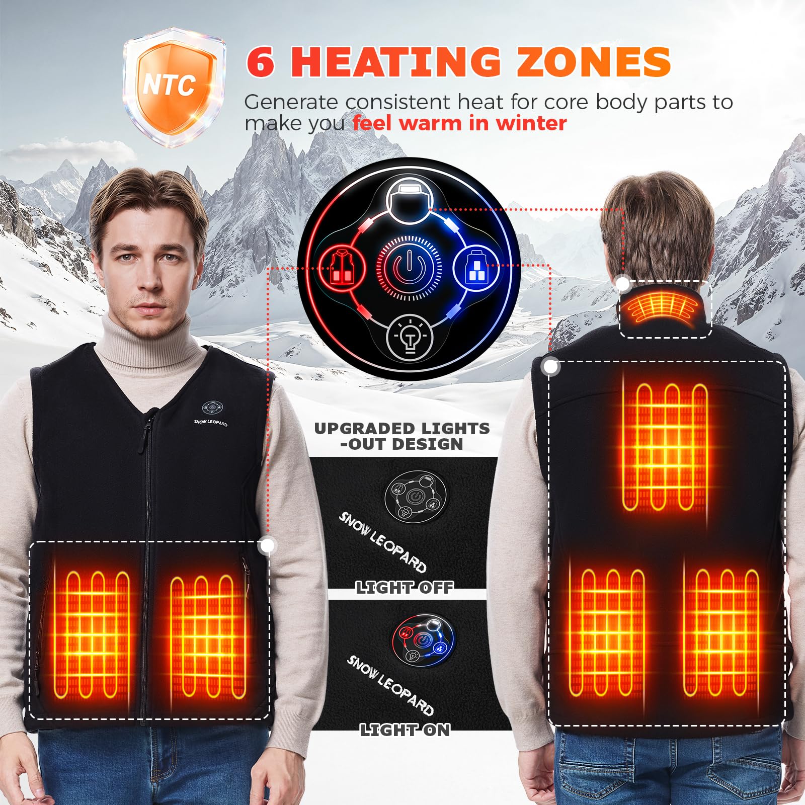 SNOW LEOPARD Heated Vest for Men with Battery Pack Included, Mens Heated Vests 7.4V 16000mAh Rechargeable Men's Electric Vest Winter Warming Heating Vest for Hiking/Golfing/Hunting, XX-Large