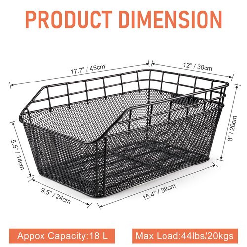 Rear Bike Basket - Large Bicycle Rear Basket with Cargo Net and Waterproof Cover, Wire Bike Baskets Rear Large Capacity (NO Bike Rack Include)