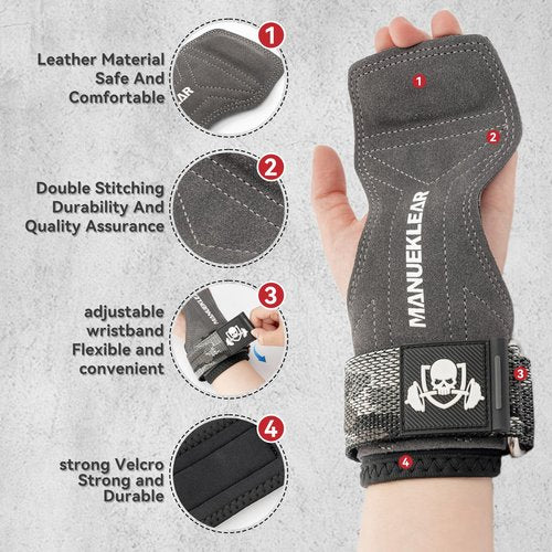 MANUEKLEAR Gym Straps Weight Lifting, Double Leather Lifting Straps for Men Deadlift with Cushion Wrist Loop, Gym Liftings Wrist Wraps for Weightlifting