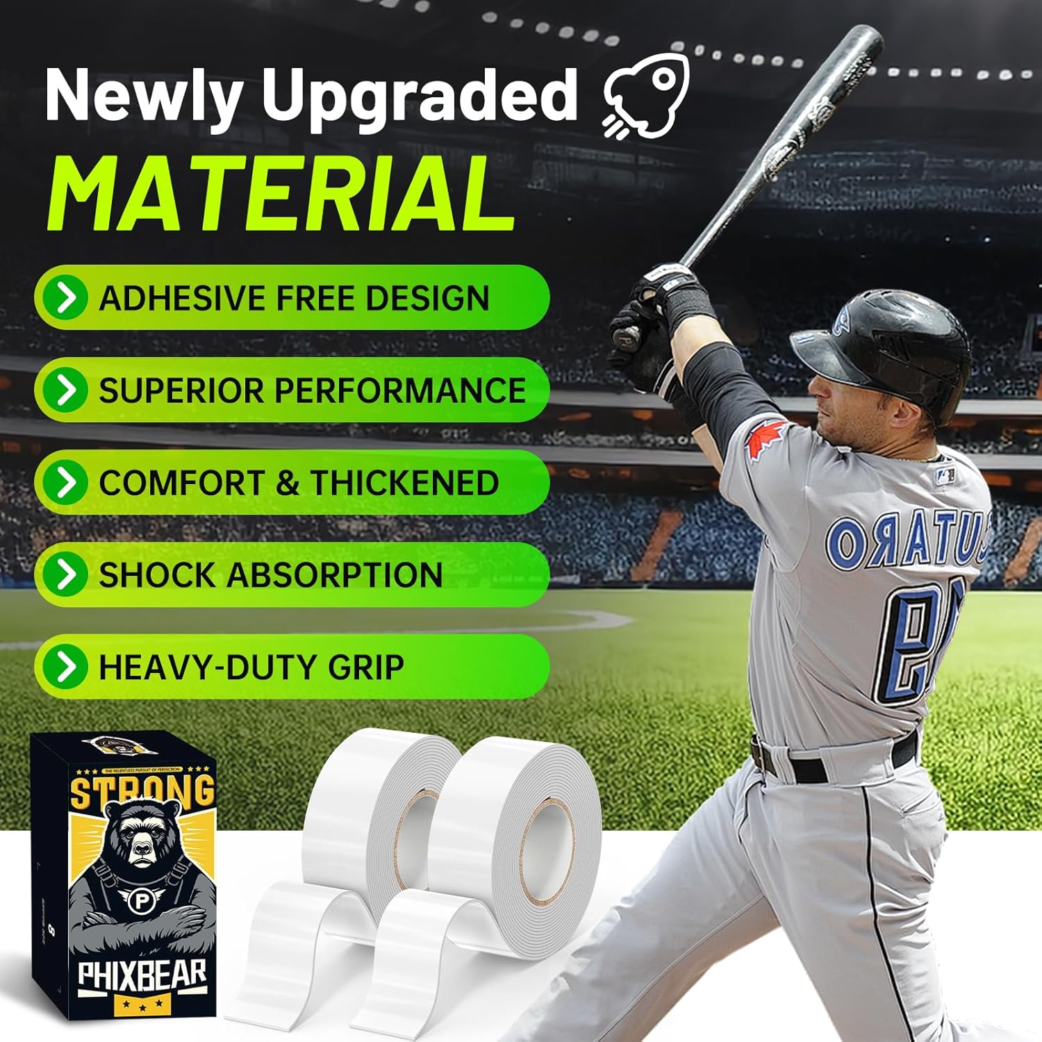 PHIXBEAR Baseball Bat Grip Tape - 1.1mm Self-Fusing Silicone for Enhanced Traction & Shock Absorption
