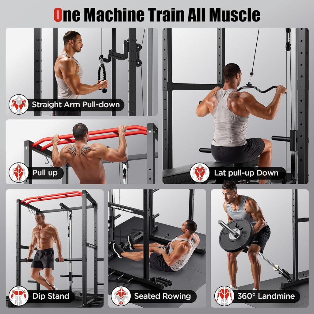 SPORTSROYALS Power Rack - Multi-Functional Squat Cage with Pulley System & LAT Pull Down for Home Gym