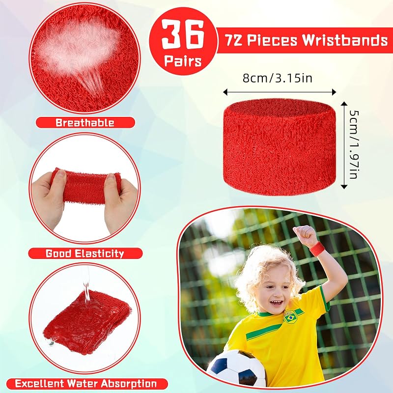 Kids Wrist Sweatbands Bulk Pack 72 Pcs Red & Yellow 3.15 x 1.97 in
