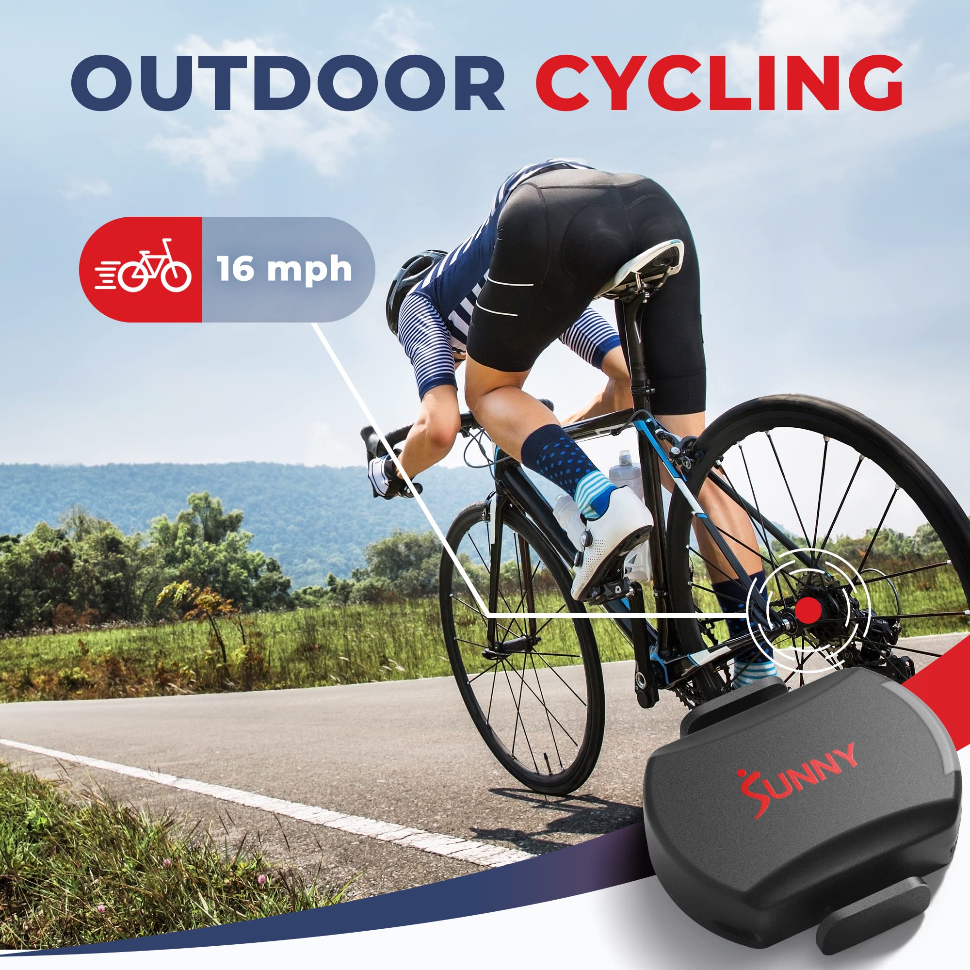 Sunny Health & Fitness 2-in-1 Advanced Cadence/RPM + Speed Sensor, Cadence Sensor Bluetooth ANT+ for Indoor/Outdoor Bikes, Magnet-Less Design for Outdoor Cycles, Exercise Bikes, and More - CB110S