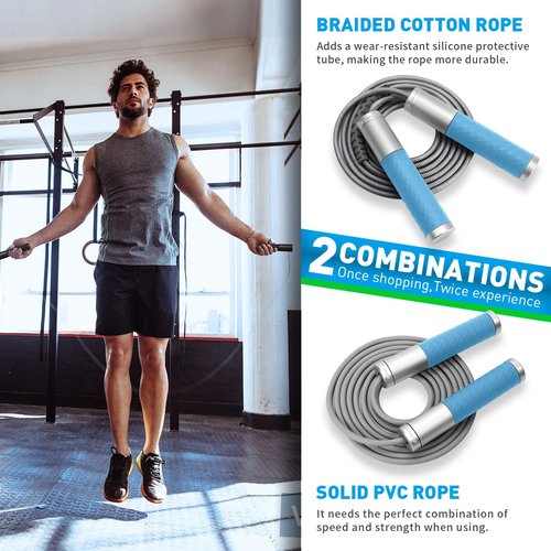 BURNCALO Weighted Jump Rope for Men, Women (1.5LB) - Alloy Steel Handles, Speed Skipping Rope, Gym,Indoor/Outdoor - Fitness, Workout, Boxing - Solid PVC & Cotton Rope (SILVER-BLUE)