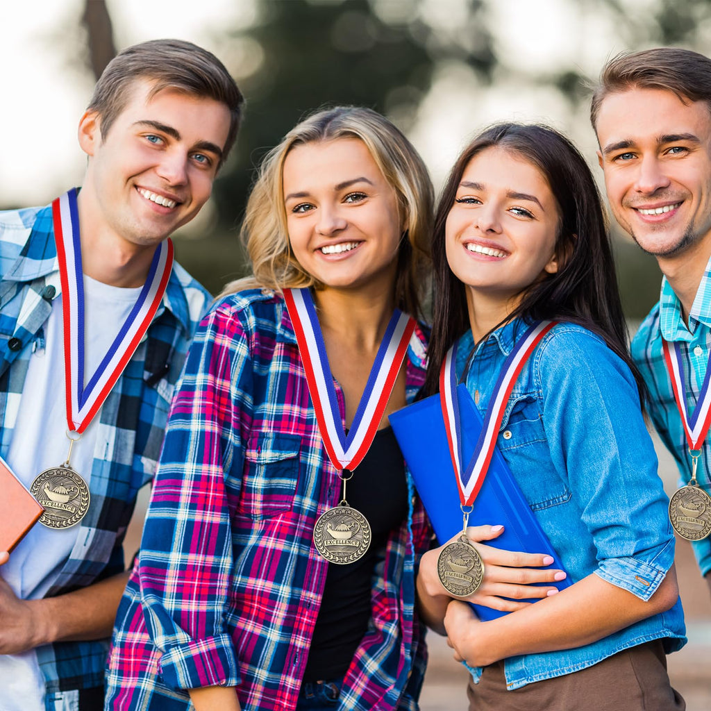 Quelay 100 Pcs 2'' Award Medals Bulk Gold Winner Medals with Neck Ribbons Metal Trophy Award Prize Gift for Tournaments, Competitions, Party, Kids and Adults (Excellence)