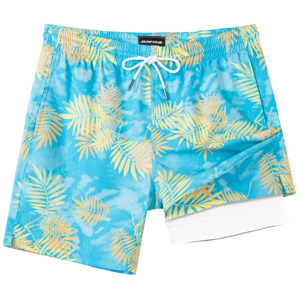 SURF CUZ Mens Swim Trunks with Compression Liner Quick Dry Swim Shorts 7" Swimming Trunks Stretch Zipper Pockets Blue Yellow Leaves Medium