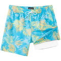 SURF CUZ Mens Swim Trunks with Compression Liner Quick Dry Swim Shorts 7" Swimming Trunks Stretch Zipper Pockets Blue Yellow Leaves Medium