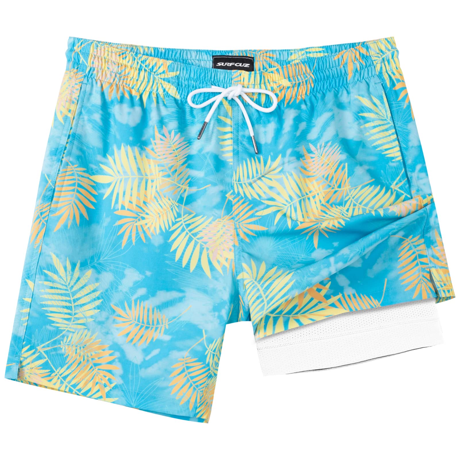SURF CUZ Mens Swim Trunks with Compression Liner Quick Dry Swim Shorts 7" Swimming Trunks Stretch Zipper Pockets Blue Yellow Leaves Medium