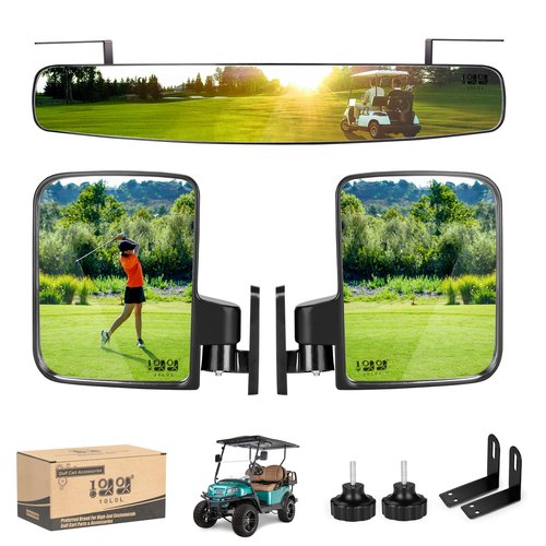 Universal Golf Cart Wide Angle Convex Rear View & Folding Side Mirror Kit, Compatible with Club Car, EZGO, Yamaha Models