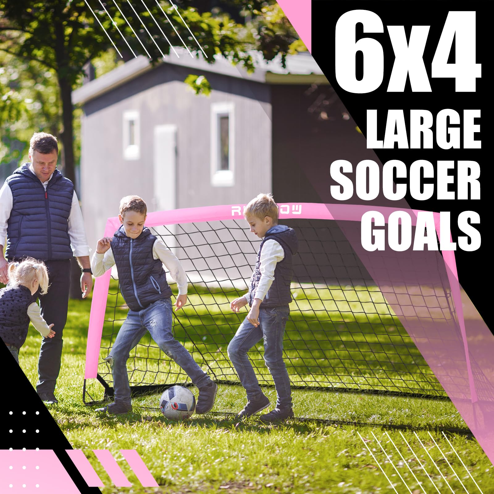 RUNBOW 6x4 ft Portable Kids Soccer Goal for Backyard Practice Soccer Net with Carry Bag (6x4 FT, 1 Pack, Pink)