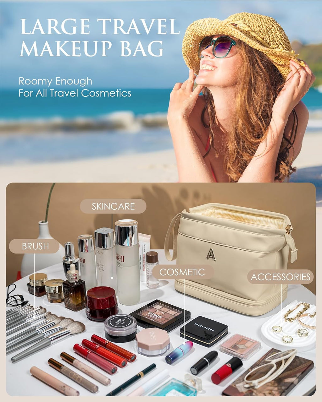 Skiennix Personalized Bridesmaid Proposal Makeup Bag - Double Layer PU Leather with Brush Organizer | Large Capacity Travel Toiletry Bag