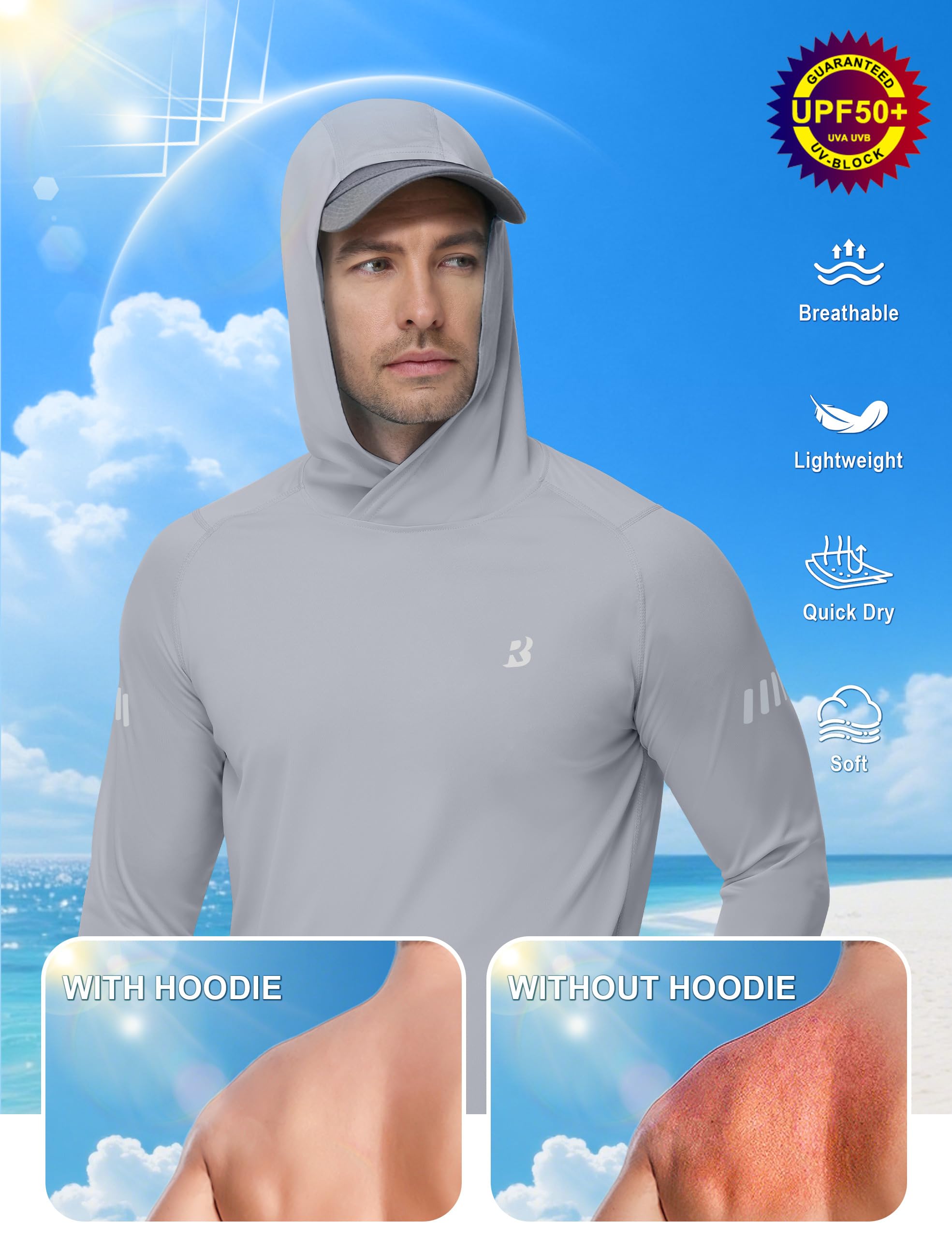 Roadbox Mens UPF 50+ Sun Protection Hoodie, UV Long Sleeve Fishing Shirts, Lightweight Swim Rash Guard for Outdoor Hiking