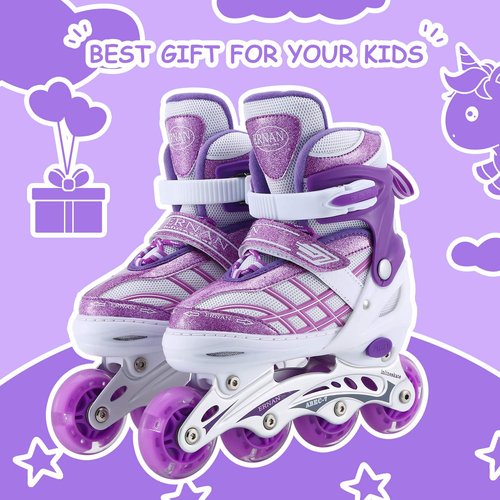 Kids Inline Skates for Girls Boys Beginners Adjustable, All 8 Wheels Illuminating. (Purple, Small (12J-2))