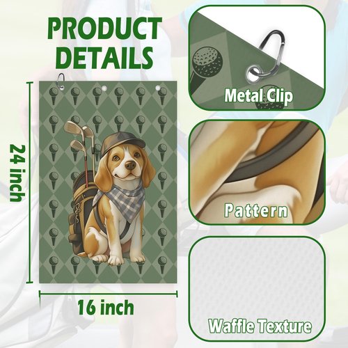 BCUANGD Beagle Dog Golf Towel - Retro Puppy Golf Bag Accessories Towel, Trendy Preppy Disc Weave Waffle & Ball Towels with Carabiner Clip Birthady Gifts for Golfer Women Dog Lover, 16"x24"