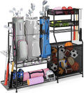 Garage Sports Equipment Organizer - Heavy-Duty Golf Bag Storage Stand with Basket & Hooks | Space-Saving Design