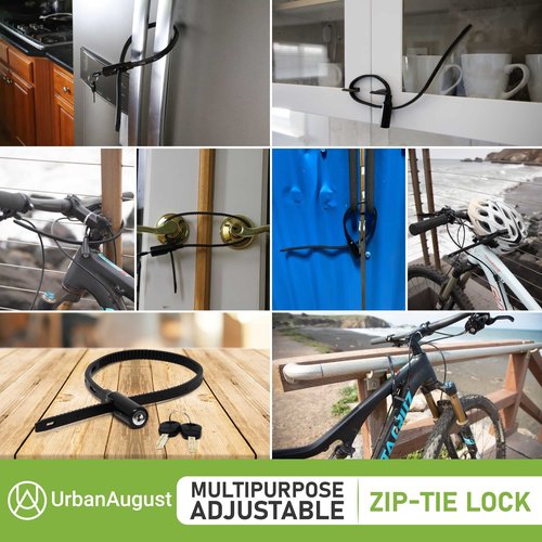 Urban August Adjustable Zip Tie Lock for Cabinet Refrigerator Bike Stroller Helmet Skateboard Luggage- Multi-Purpose Keyed French Door Lock - Stainless Steel Fridge Lock with Key - Black, 1 Pack
