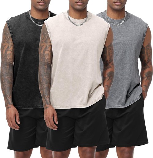 Eisctnd Men's Sleeveless Muscle Tank Tops - Cotton Acid Wash Workout Tees for Running & Beach