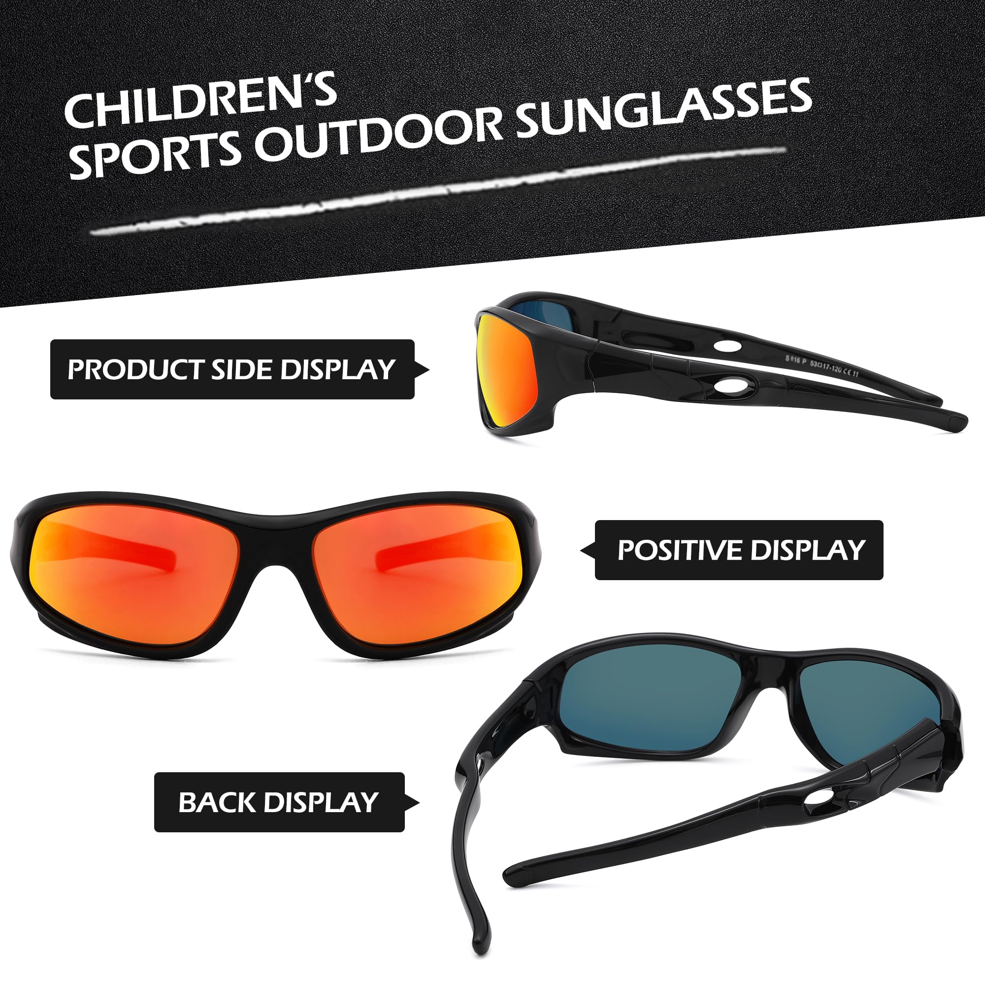 LIU·WEN Kids Sports Polarized Sunglasses - Flexible Youth Baseball Beach Sun Glass With Strap for Boys Girls Age 4-12(Black/Orange Mirrored)